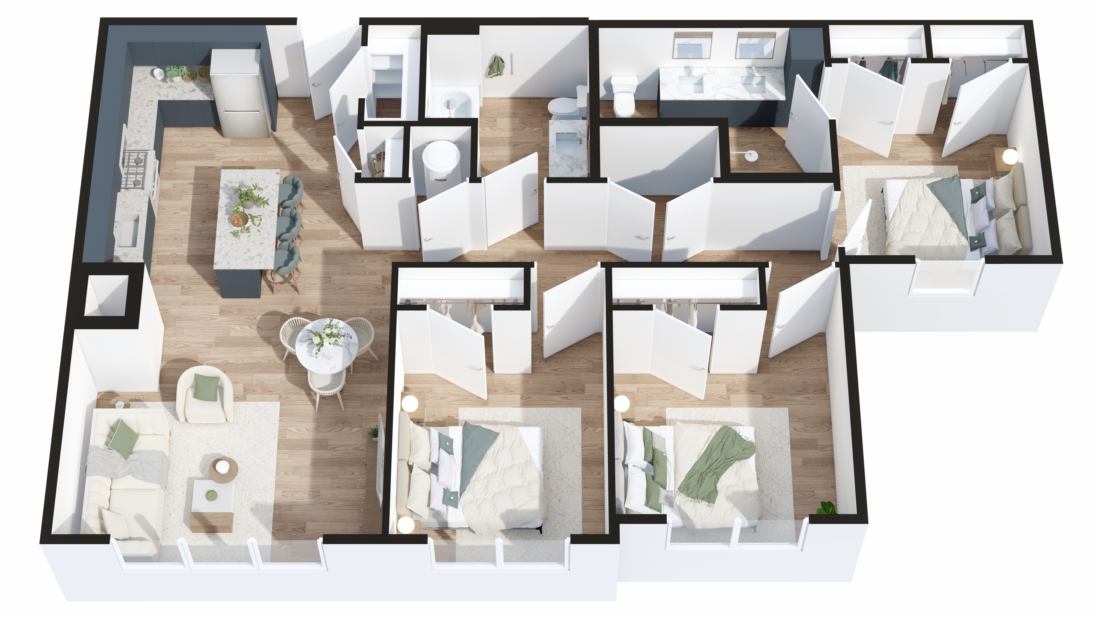 A 3D floor plan of a house with multiple rooms and furniture.